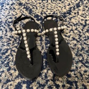 STUART WEITZMAN BLACK PLASTIC SANDALS WITH PEARL ACCENTS